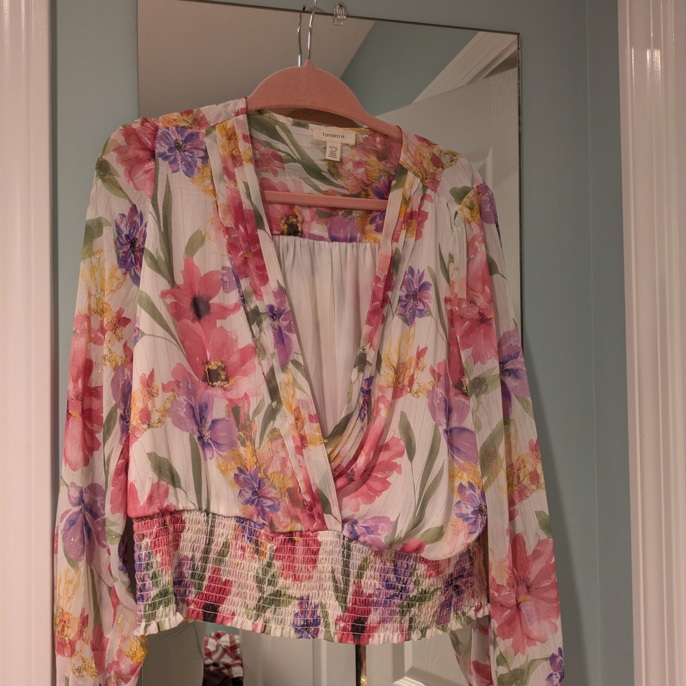 Cream Floral Wrap Blouse with Long Sleeves